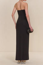 Flowering Girl Women signature gold hardware cutout strapless column gown in black