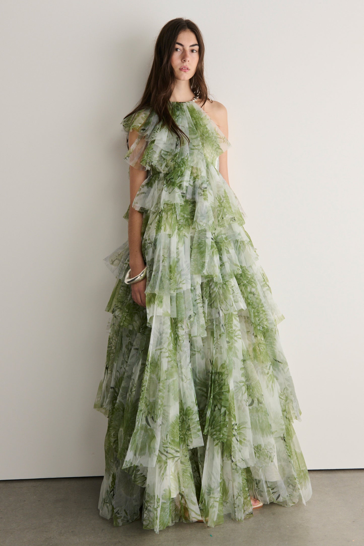 claire green floral print pleated layer maxi dress