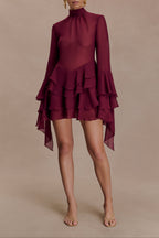 Chiffon Ruffle Mini Dress - Wine