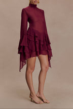 Chiffon Ruffle Mini Dress - Wine