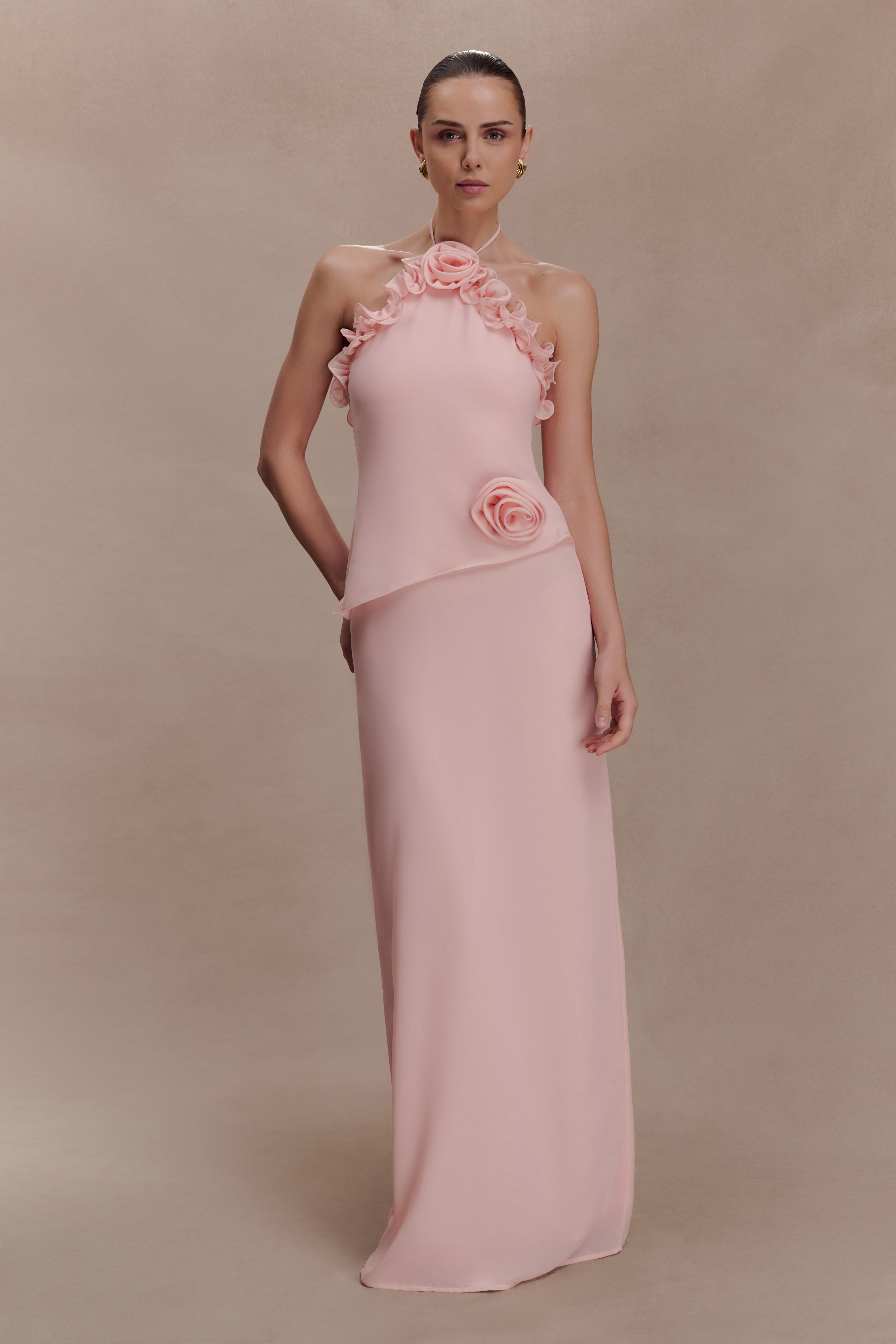 helen off-shoulder Chiffon Flower Maxi Dress - Baby Pink