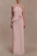 helen off-shoulder Chiffon Flower Maxi Dress - Baby Pink