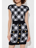 Flowering Girl Women button-embellished plaid texture mini dress
