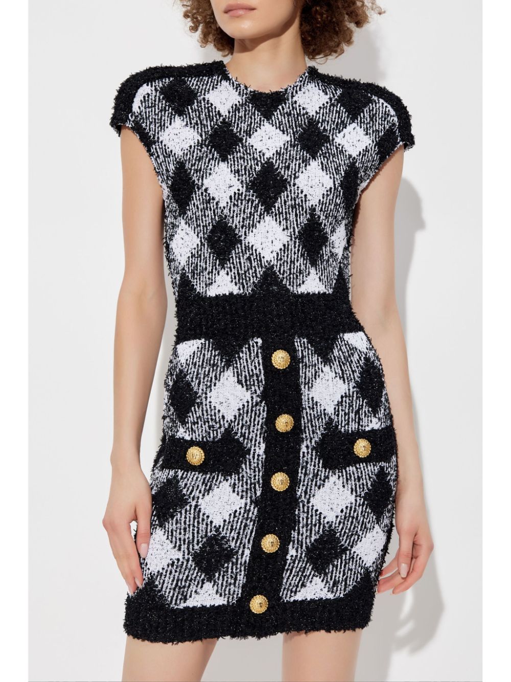 Flowering Girl Women button-embellished plaid texture mini dress