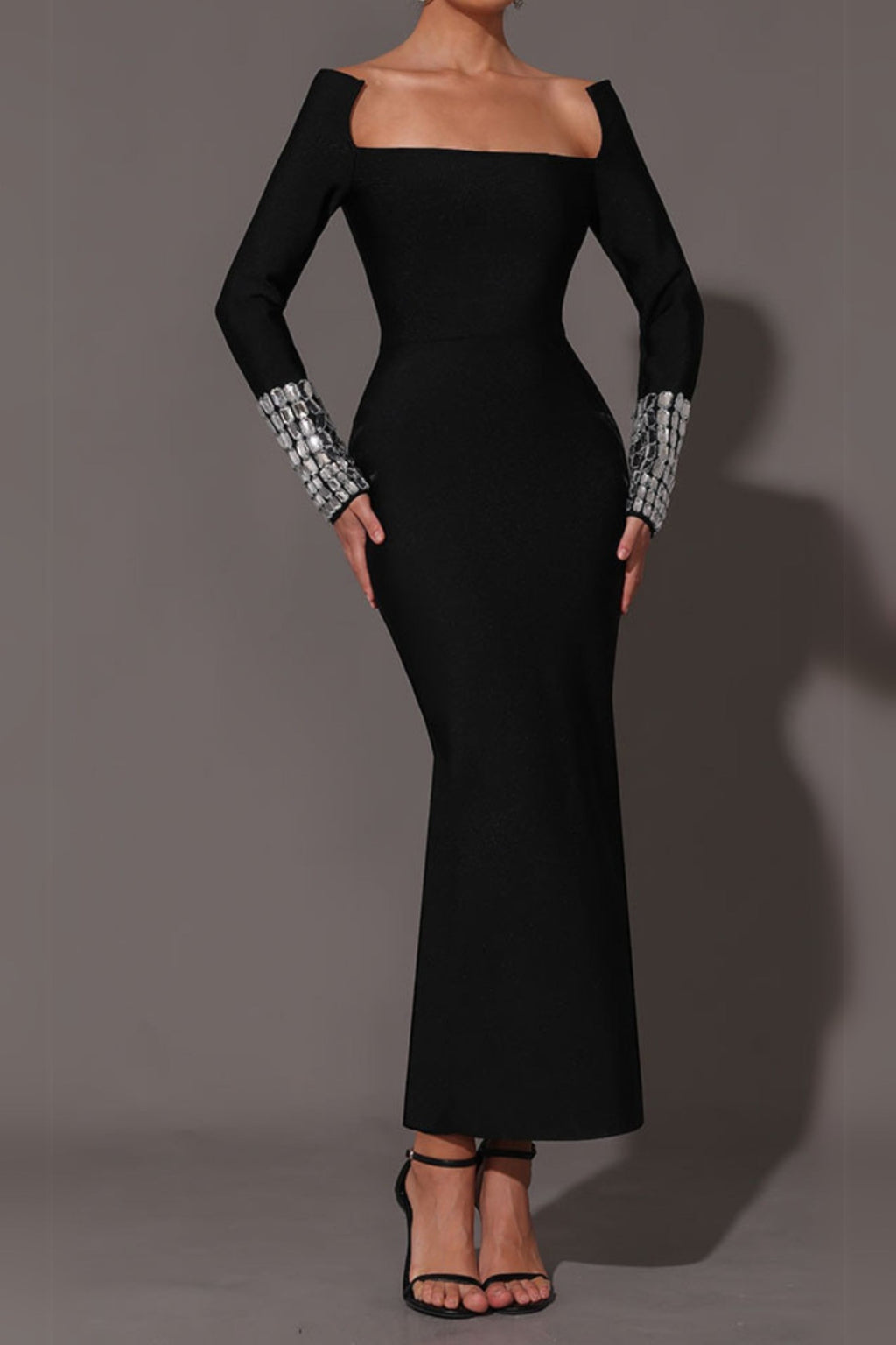 Flowering Girl Women Square Neck Diamond Tight Bandage Maxi Dress In Black