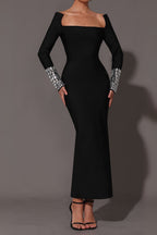 Flowering Girl Women Square Neck Diamond Tight Bandage Maxi Dress In Black