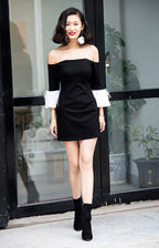 Nicole Strapless Feather Sleeve Mini Dress In Black