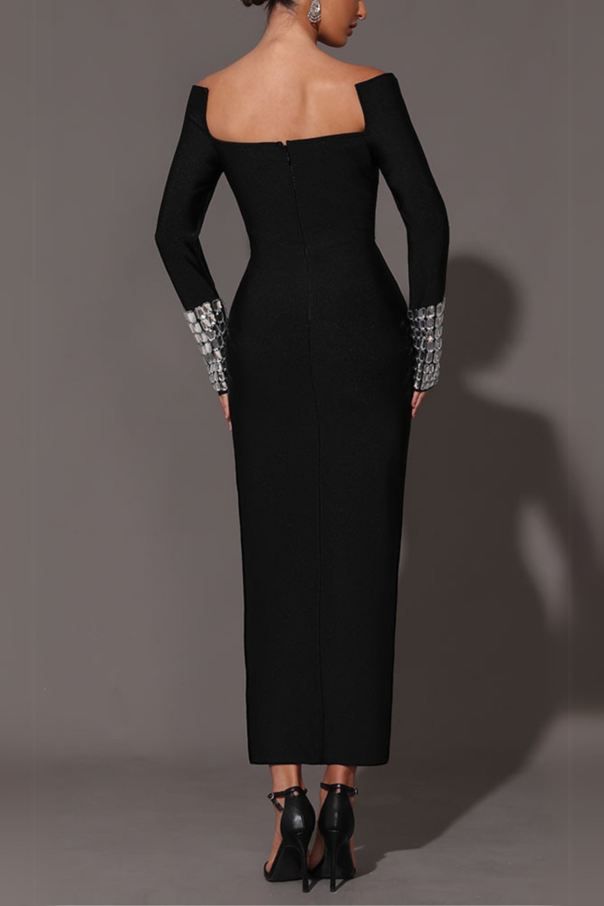 Square Neck Diamond Tight Bandage Maxi Dress In Black