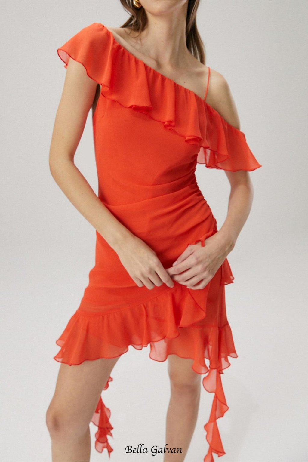 Ruffle Detail Georgette Mini Dress in orange