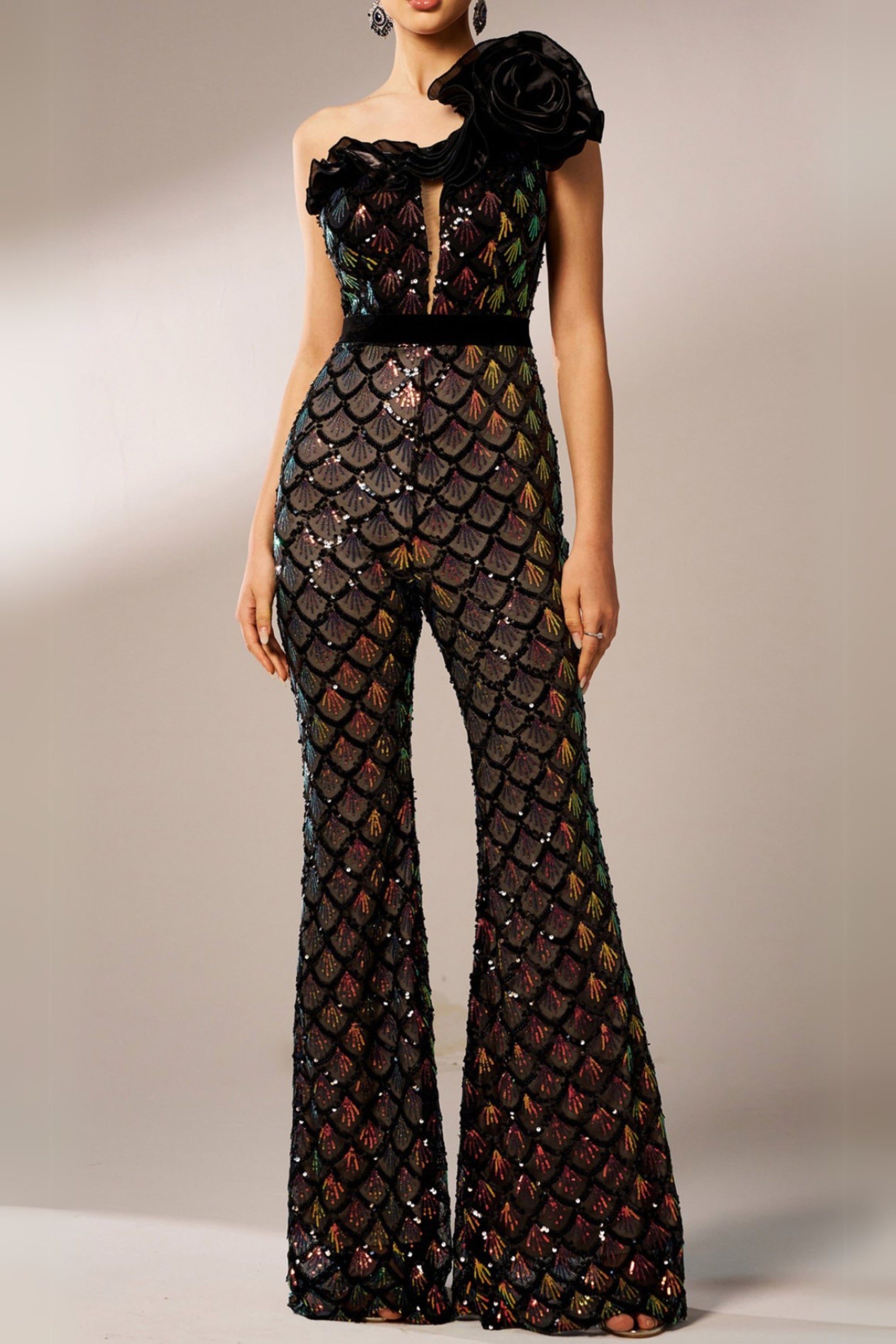 Flowering Girl Women Mermaid Scale Floral One-Shoulder Sequin Jumpsuit
