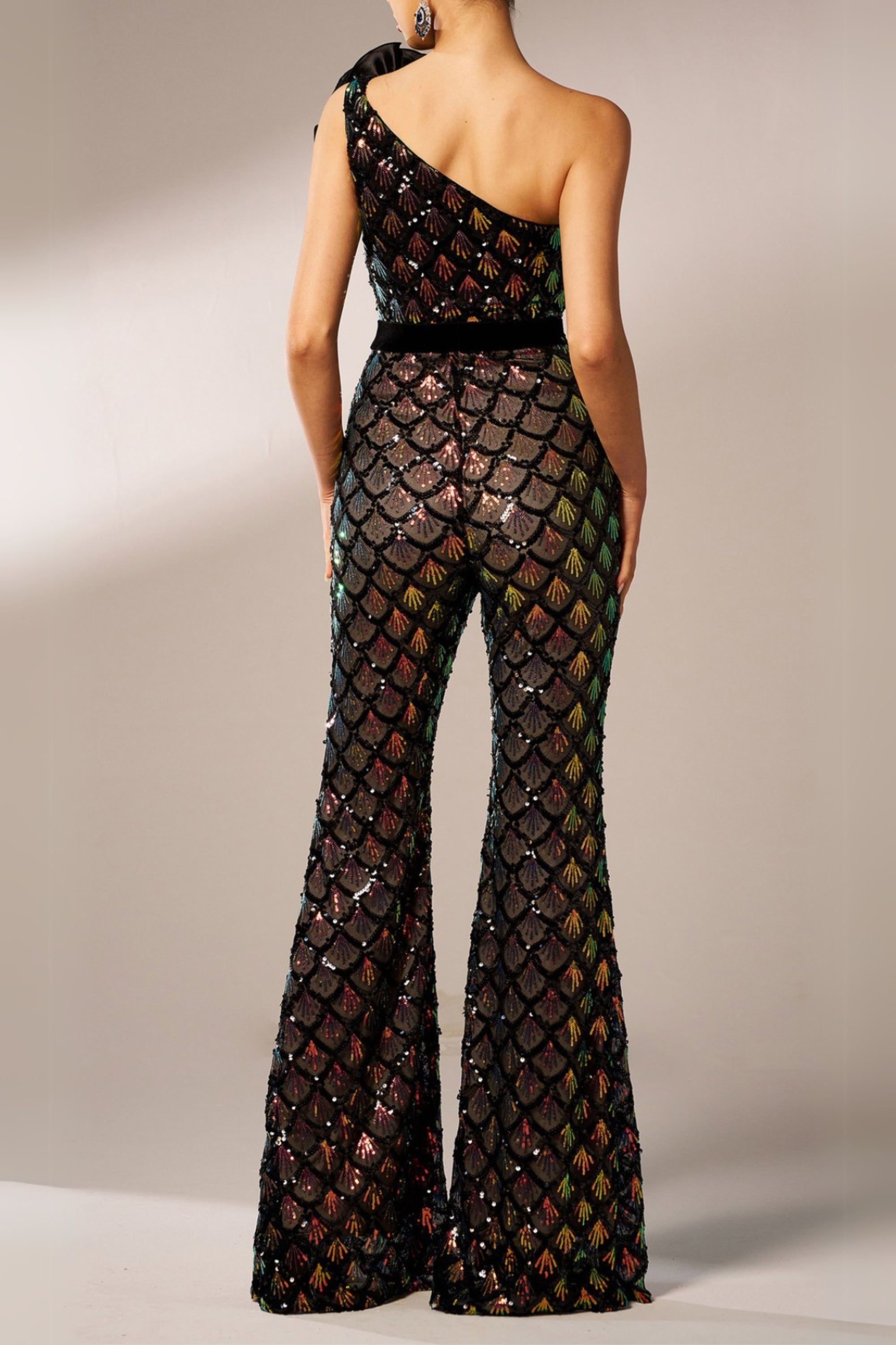Flowering Girl Women Mermaid Scale Floral One-Shoulder Sequin Jumpsuit