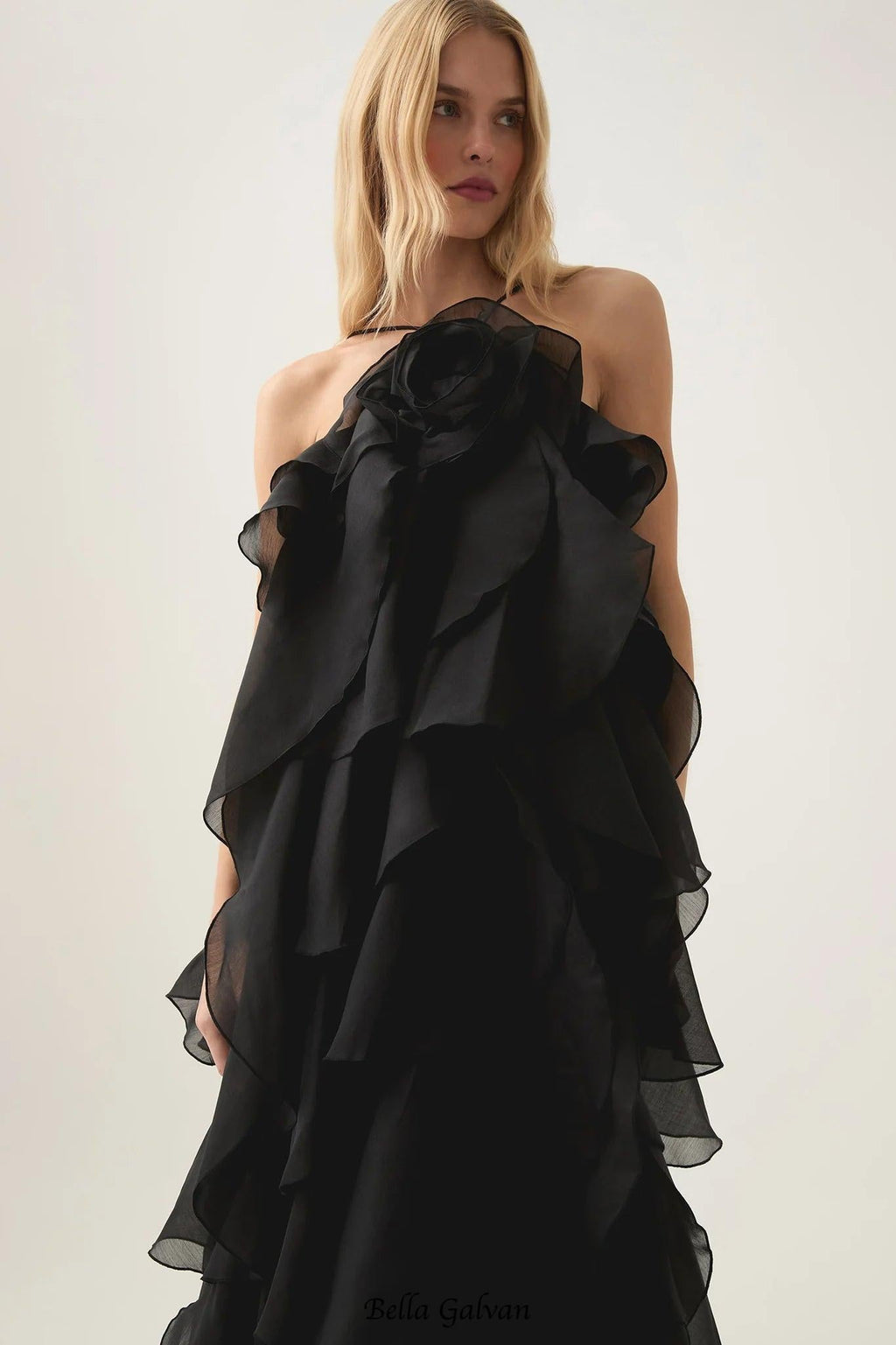 Off-Shoulder Ruffle Layered Maxi Dress In Black