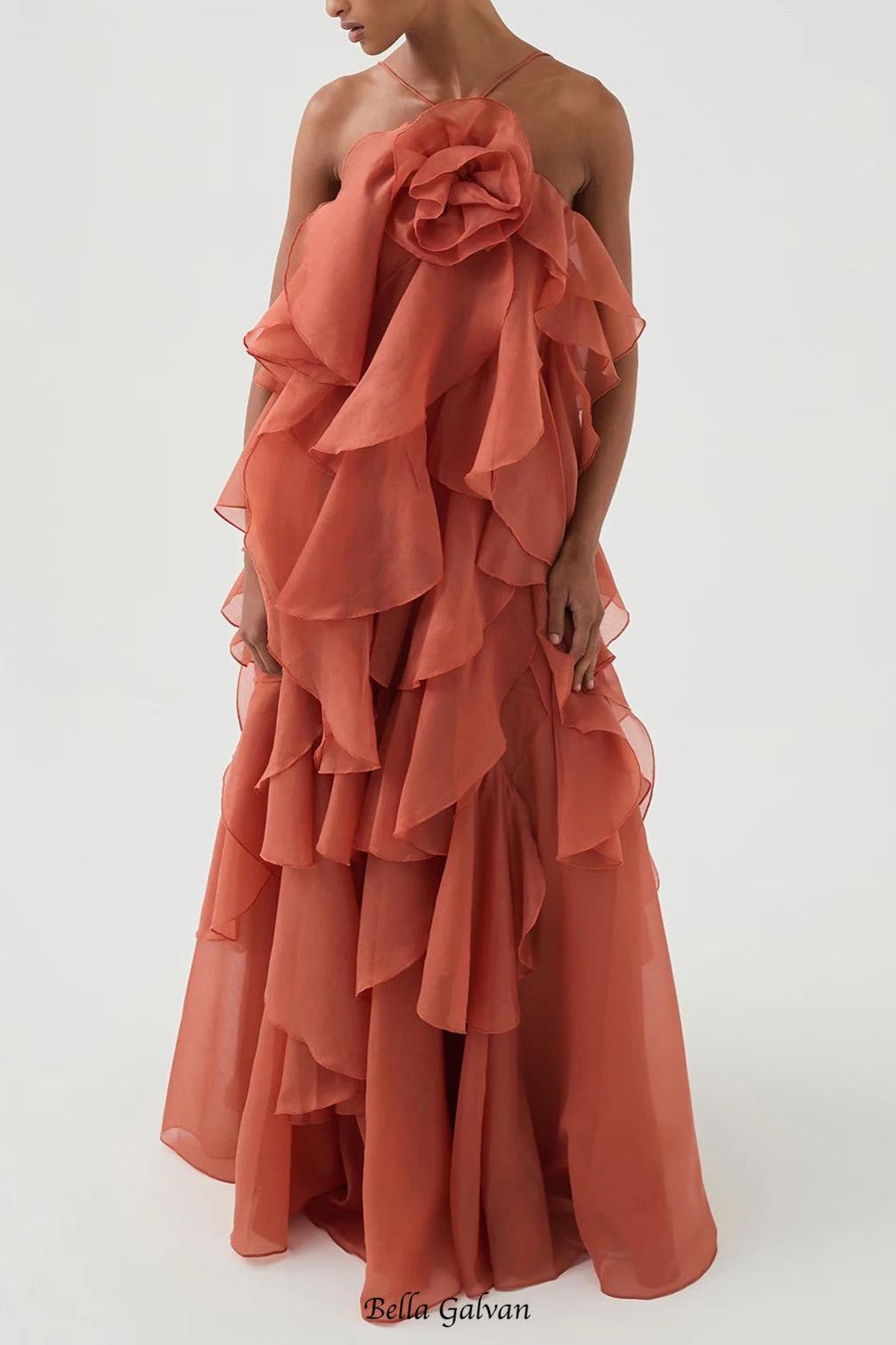 Off-Shoulder Ruffle Layered Maxi Dress In Coral Clay
