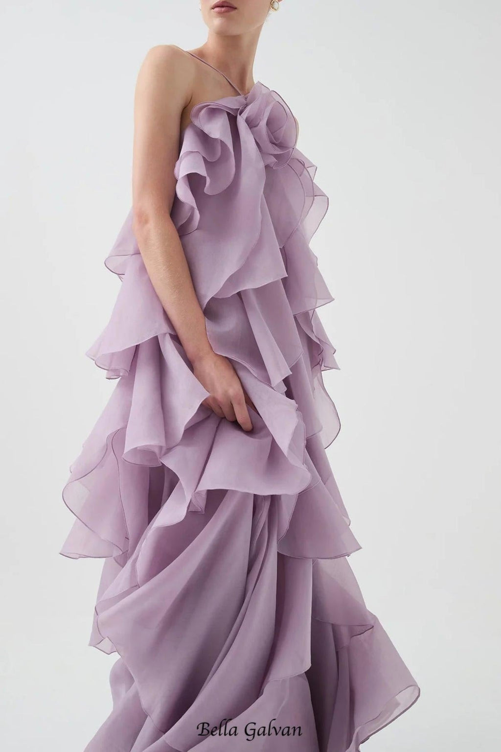 off-shoulder ruffle Layered Maxi Dress in purple
