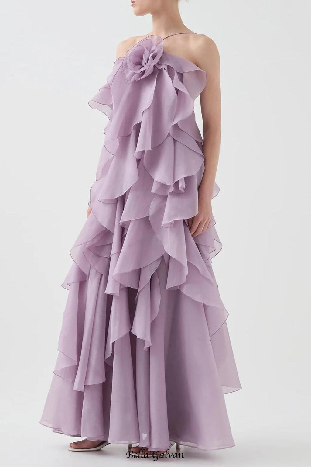 off-shoulder ruffle Layered Maxi Dress in purple