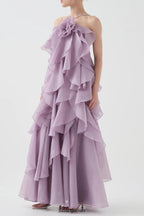 off-shoulder ruffle Layered Maxi Dress in purple