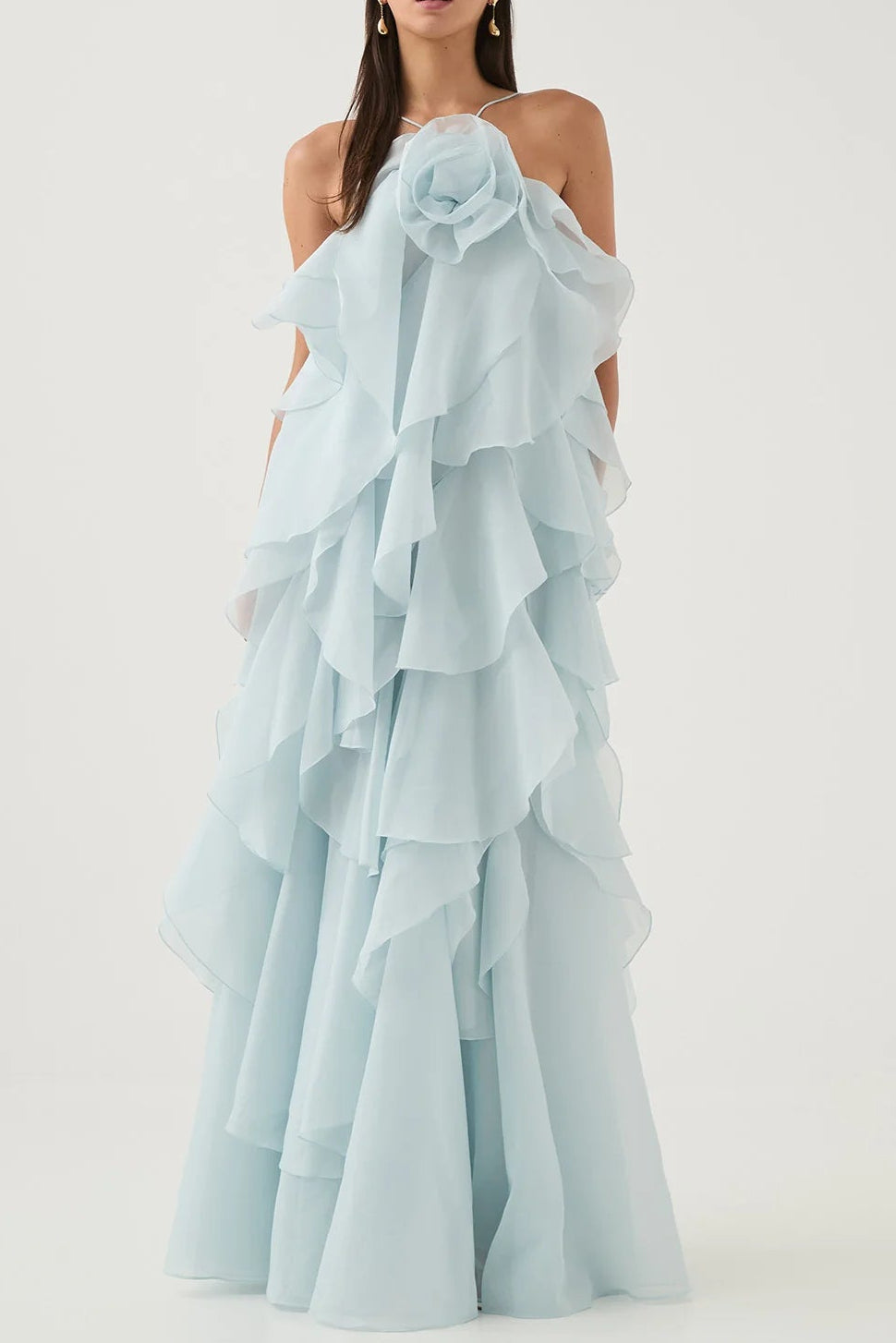 off-shoulder ruffle Layered Maxi Dress in blue