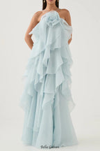 off-shoulder ruffle Layered Maxi Dress in blue