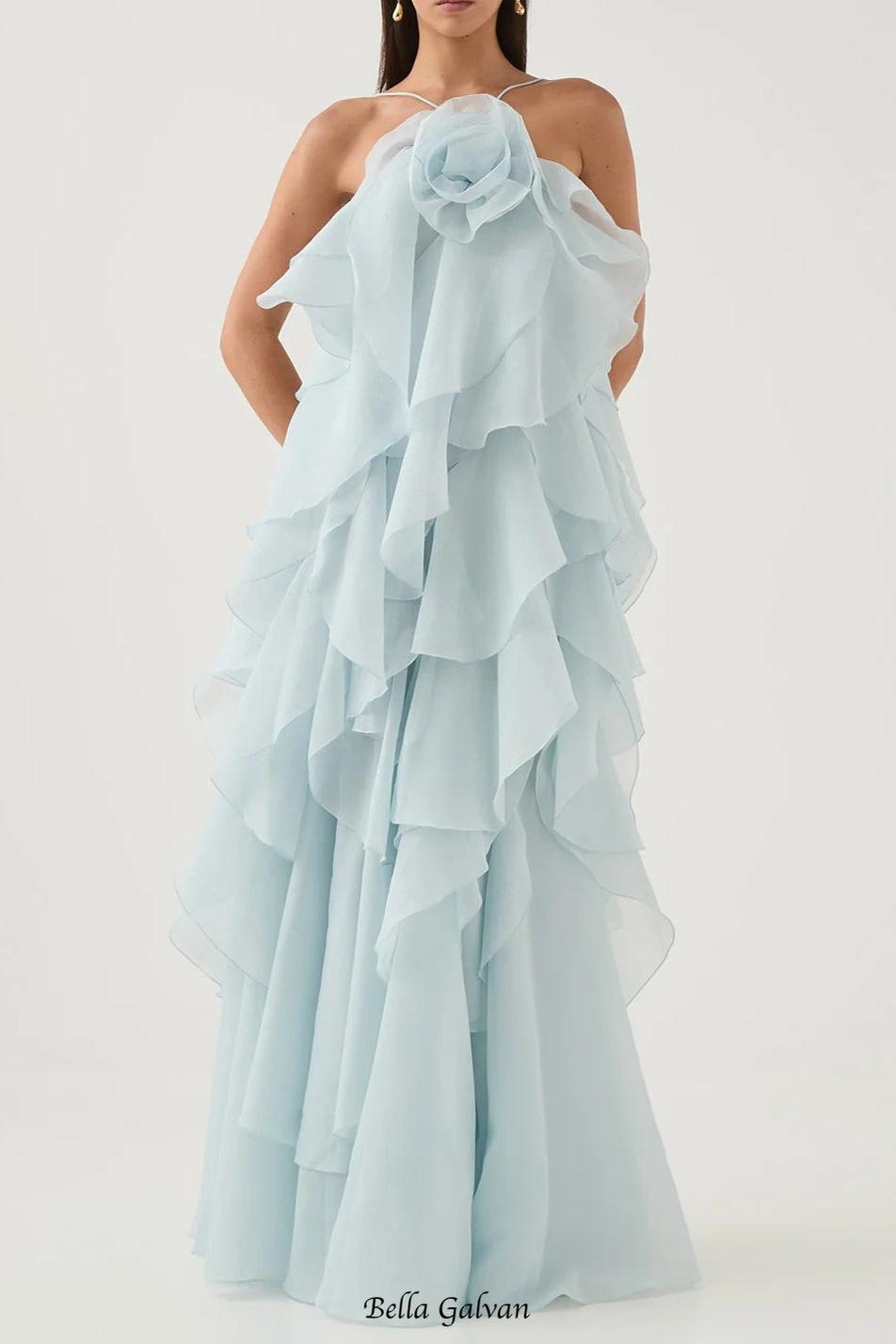 off-shoulder ruffle Layered Maxi Dress in blue