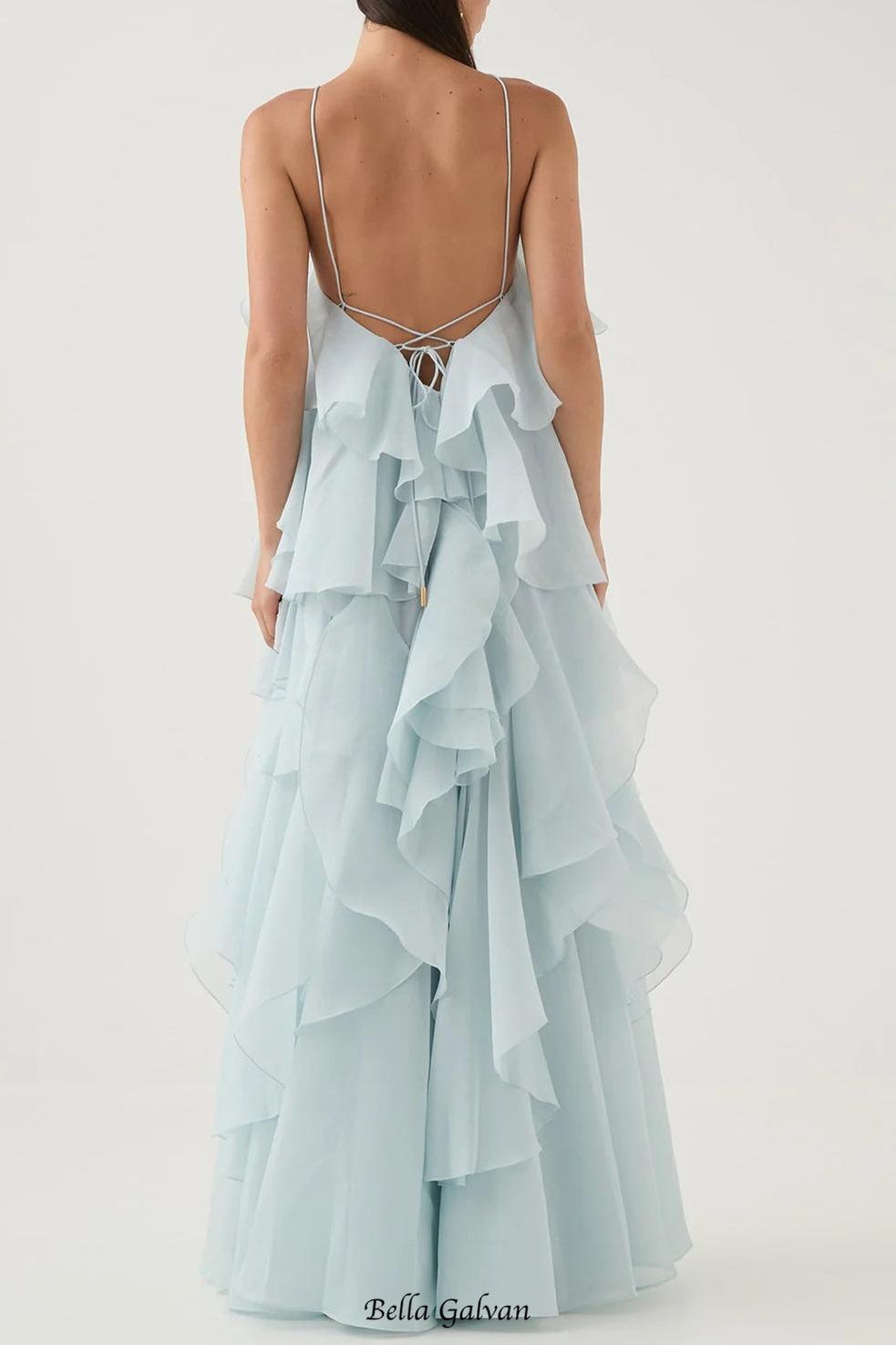 off-shoulder ruffle Layered Maxi Dress in blue