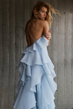 off-shoulder ruffle Layered Maxi Dress in blue