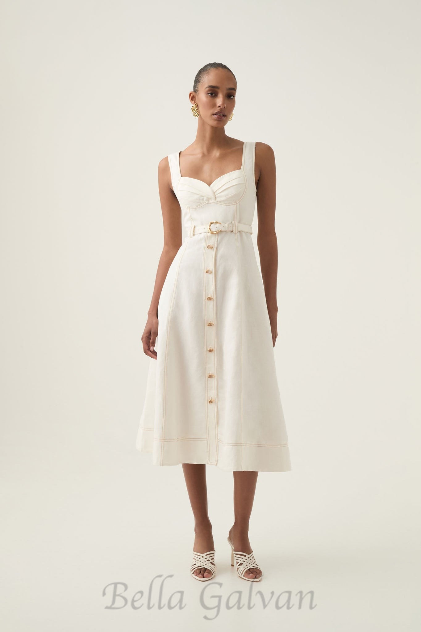 Flowering Girl Women sweetheart neckline belted midi dress in ivory