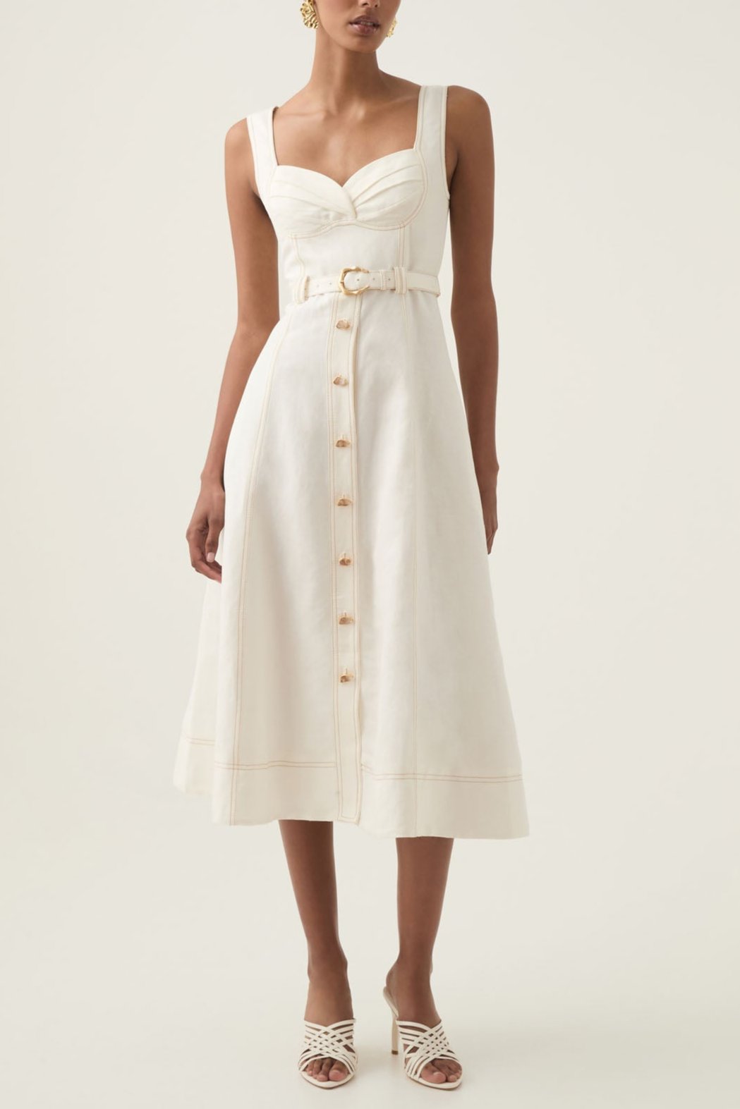 Sweetheart Neckline Belted Midi Dress In Ivory