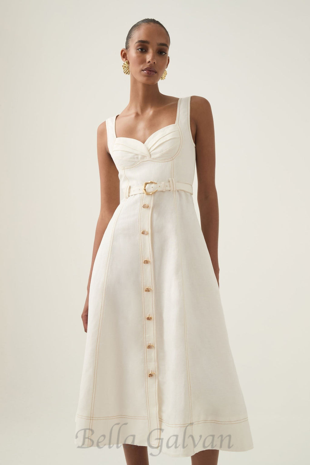 Flowering Girl Women sweetheart neckline belted midi dress in ivory