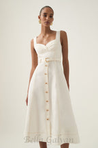 Flowering Girl Women sweetheart neckline belted midi dress in ivory