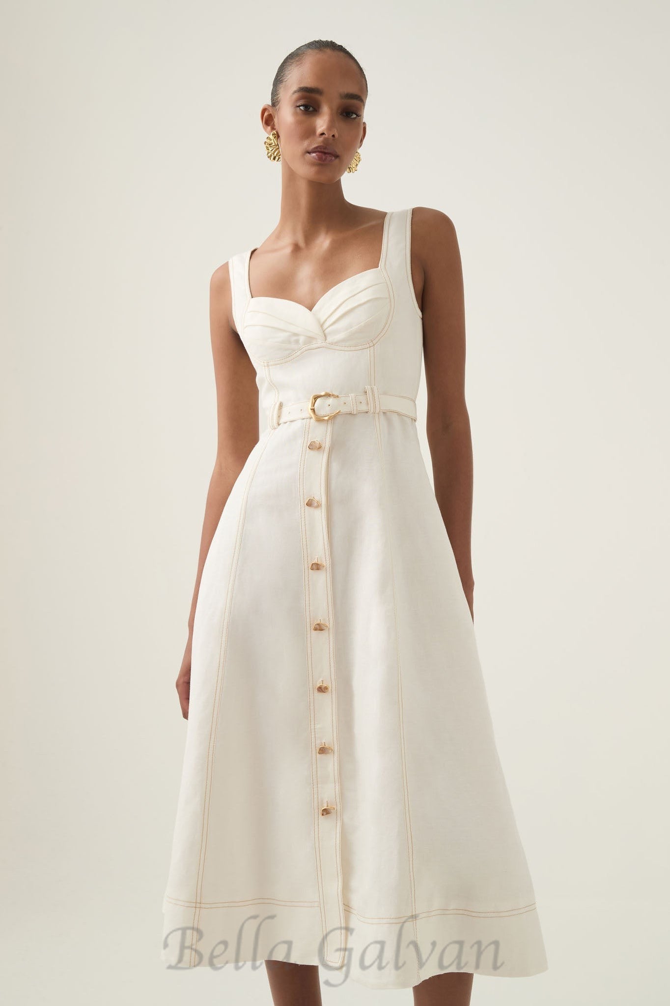Flowering Girl Women sweetheart neckline belted midi dress in ivory