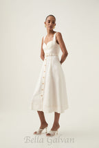 Flowering Girl Women sweetheart neckline belted midi dress in ivory