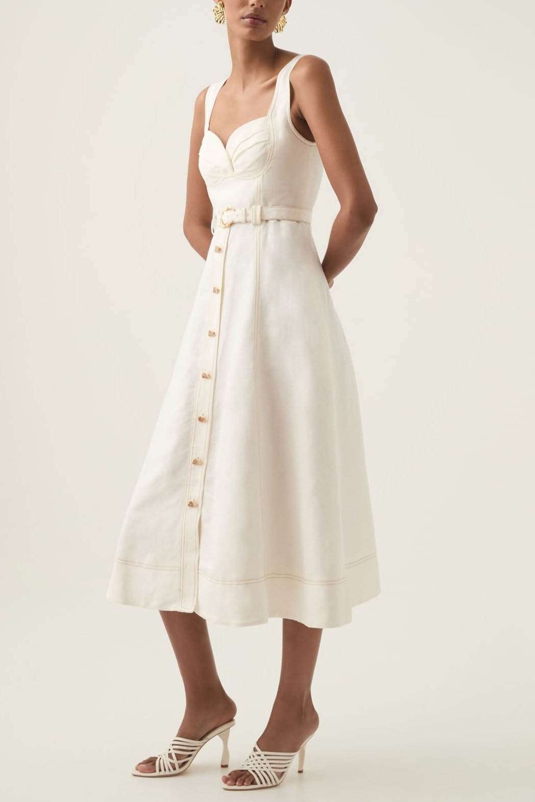Sweetheart Neckline Belted Midi Dress In Ivory