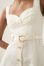 Flowering Girl Women sweetheart neckline belted midi dress in ivory