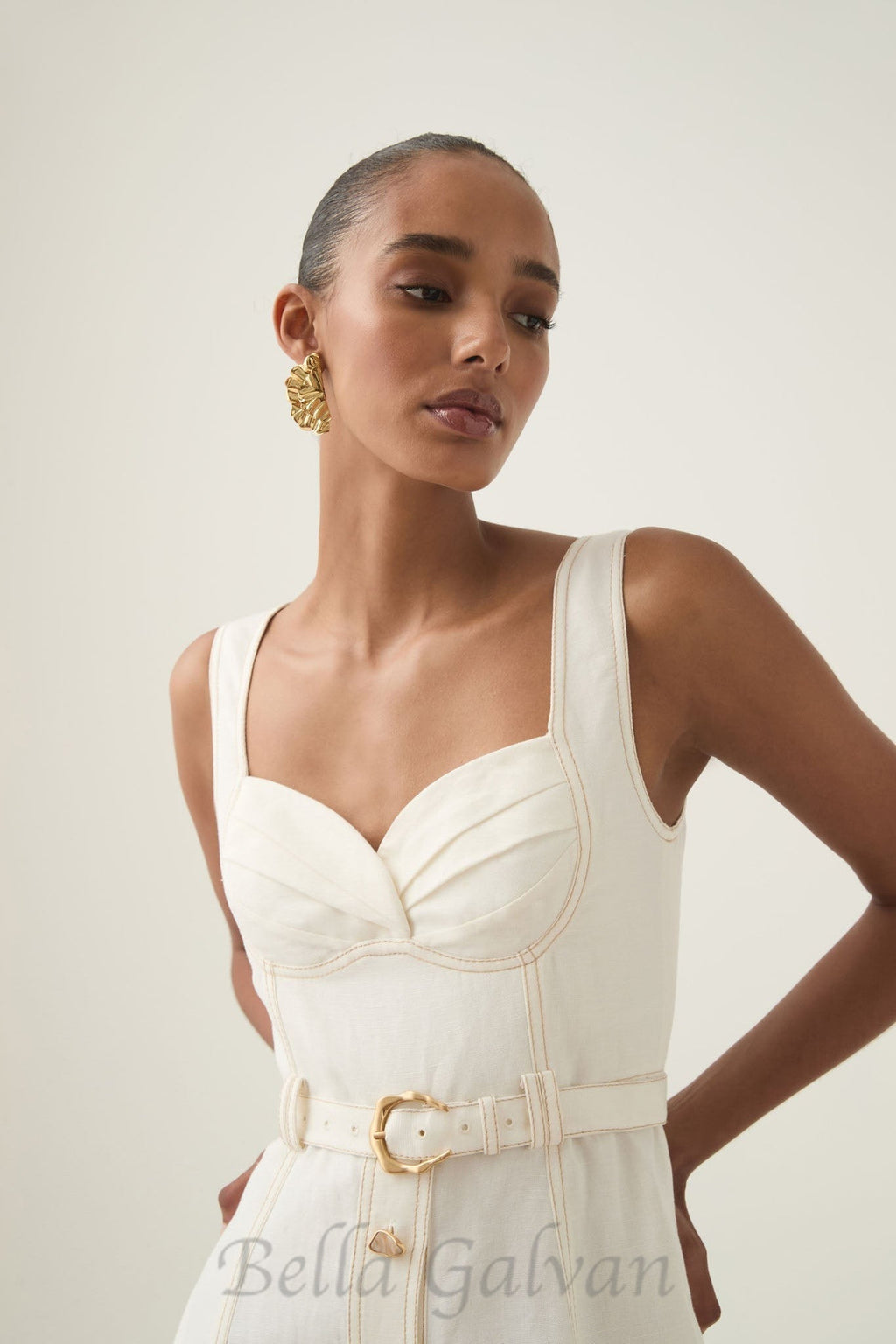 Flowering Girl Women sweetheart neckline belted midi dress in ivory