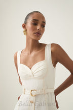 Flowering Girl Women sweetheart neckline belted midi dress in ivory