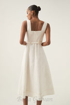 Flowering Girl Women sweetheart neckline belted midi dress in ivory
