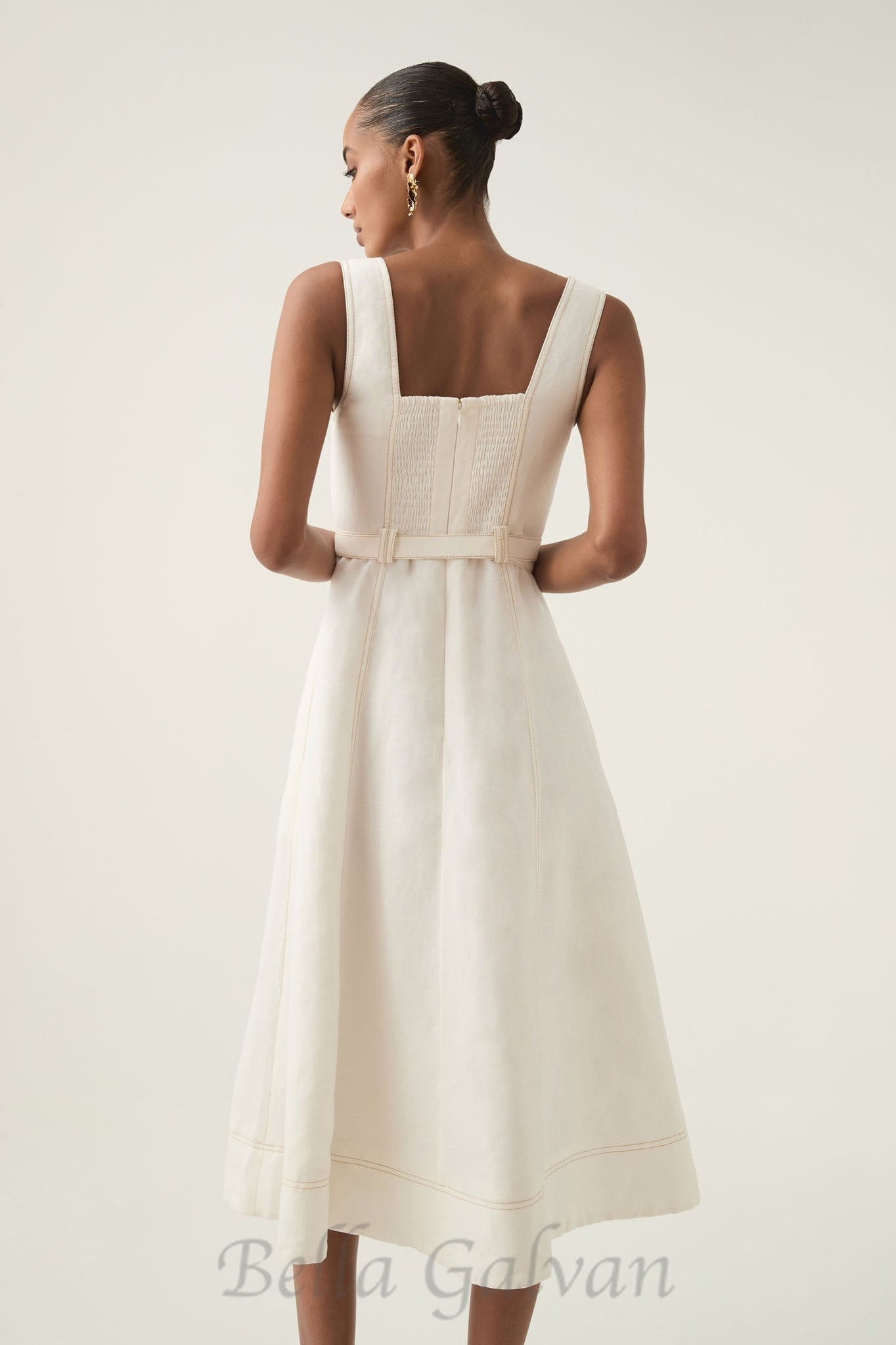 Flowering Girl Women sweetheart neckline belted midi dress in ivory