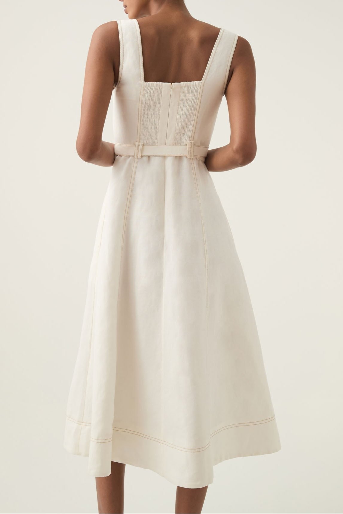 Sweetheart Neckline Belted Midi Dress In Ivory