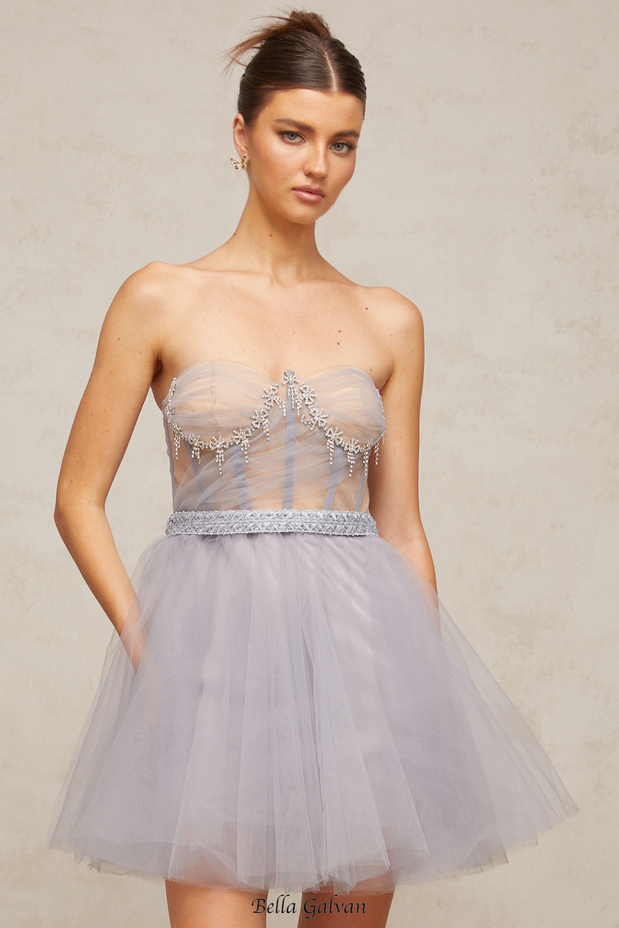 madeline grey embellished puff tulle mini dress