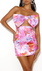 Flowering Girl Women Strapless Large Bow Decorated Printed Hip Mini Dress