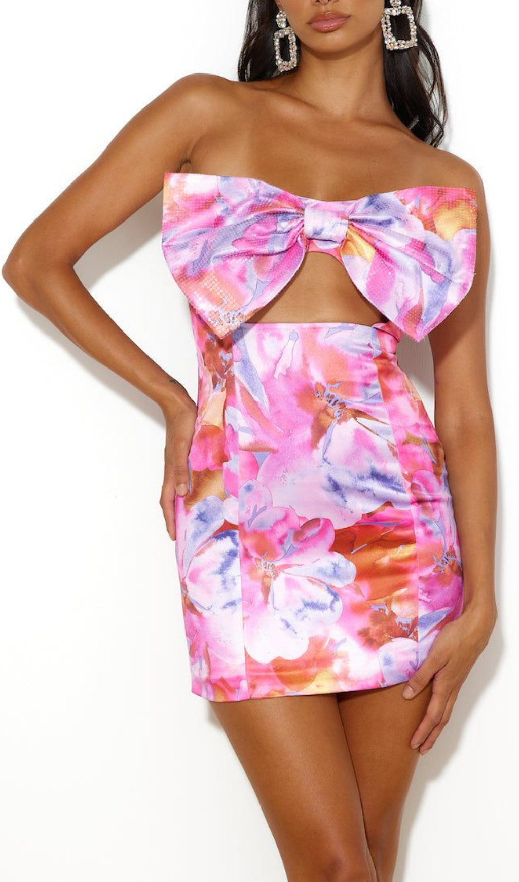 Strapless Large Bow Decorated Printed Hip Mini Dress