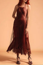 Nicola Pleated Halter Fringe Maxi Dress In Brown