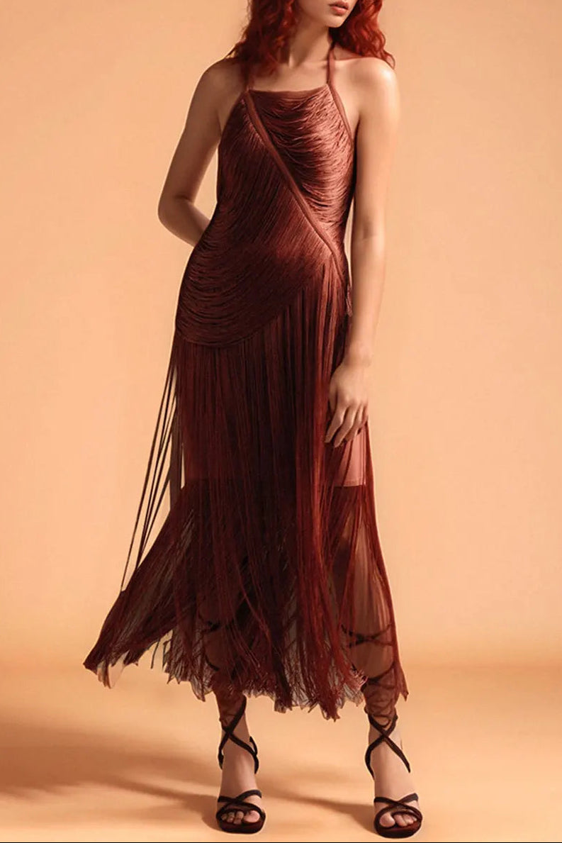 Nicola Pleated Halter Fringe Maxi Dress In Brown