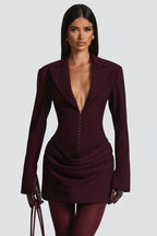 Flowering Girl Women Amelia v-Neck Ruched Blazer Mini Dress In Wine Red