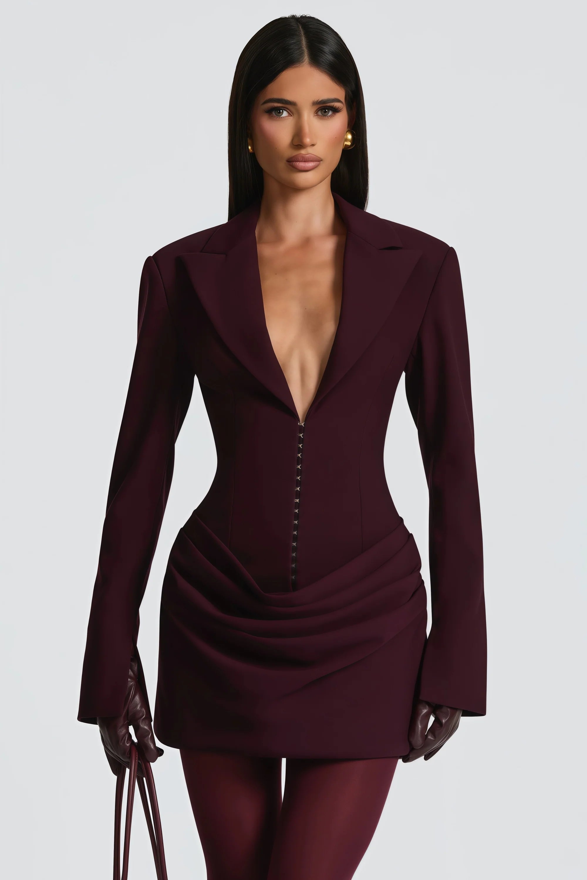 Flowering Girl Women Amelia v-Neck Ruched Blazer Mini Dress In Wine Red