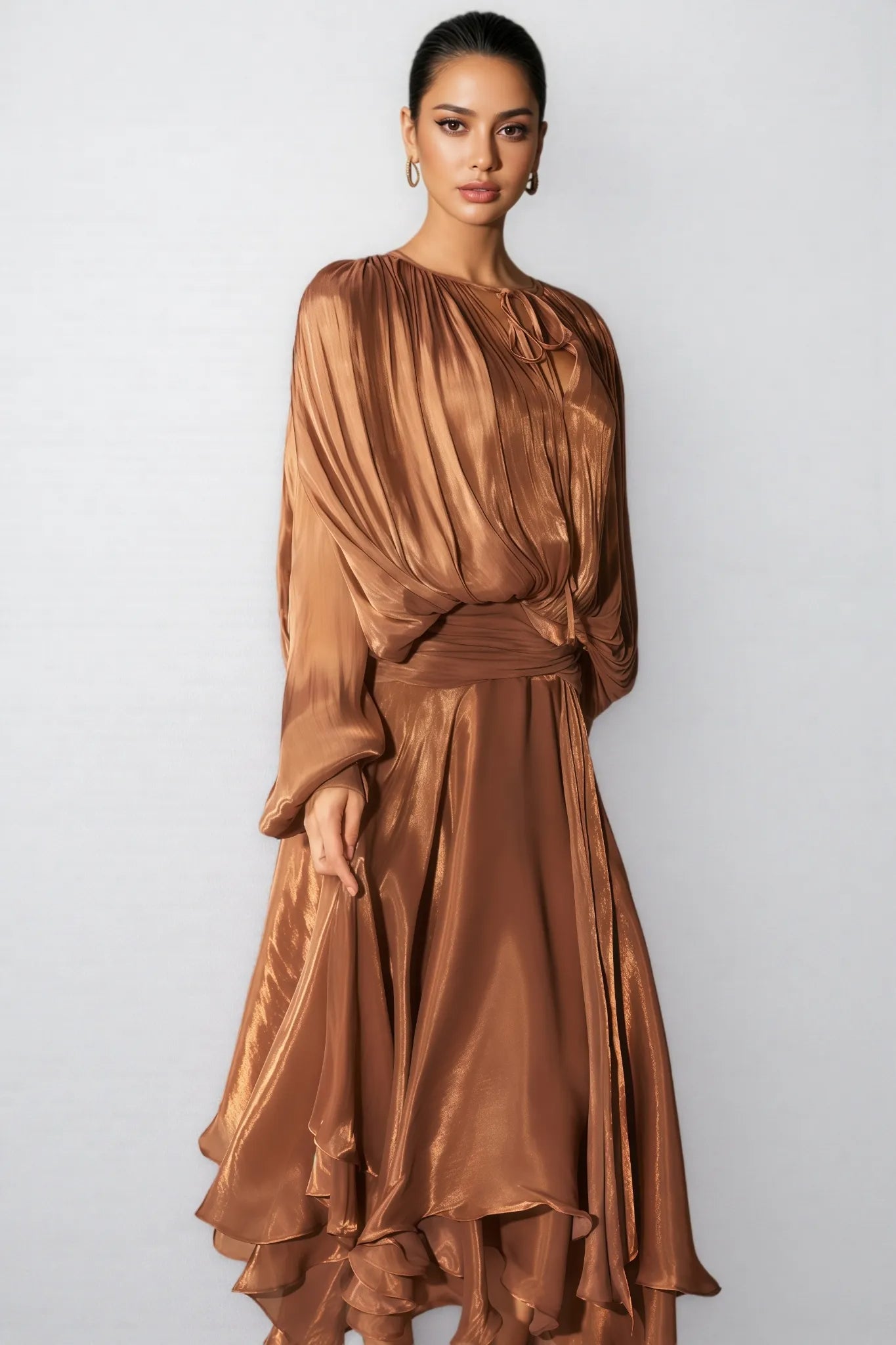 Brown Pleated Bodice Draped Puff Sleeve Maxi Dress