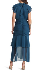 Flowering Girl Women Ruched Ruffle Chiffon Maxi Dress In Teal