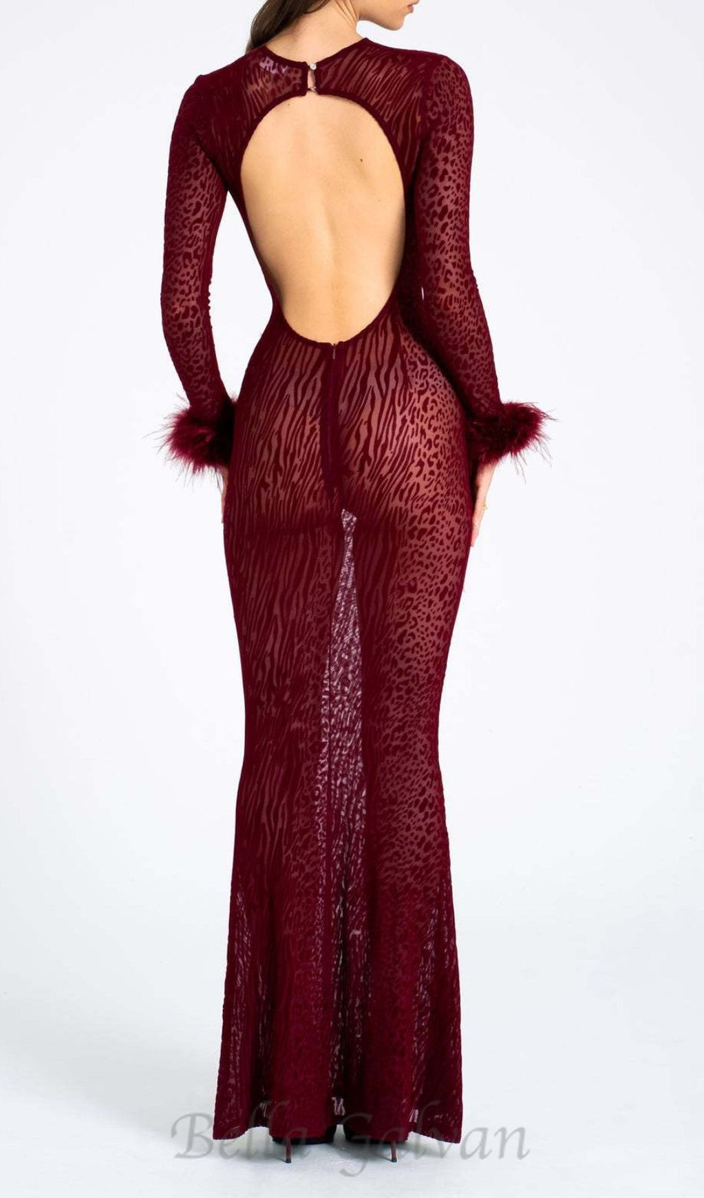 Flowering Girl Women burgundy mesh feather maxi dress