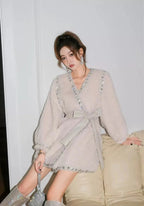 Flowering Girl Women Beige V-Neck Long Sleeve Diamond Stud Coat