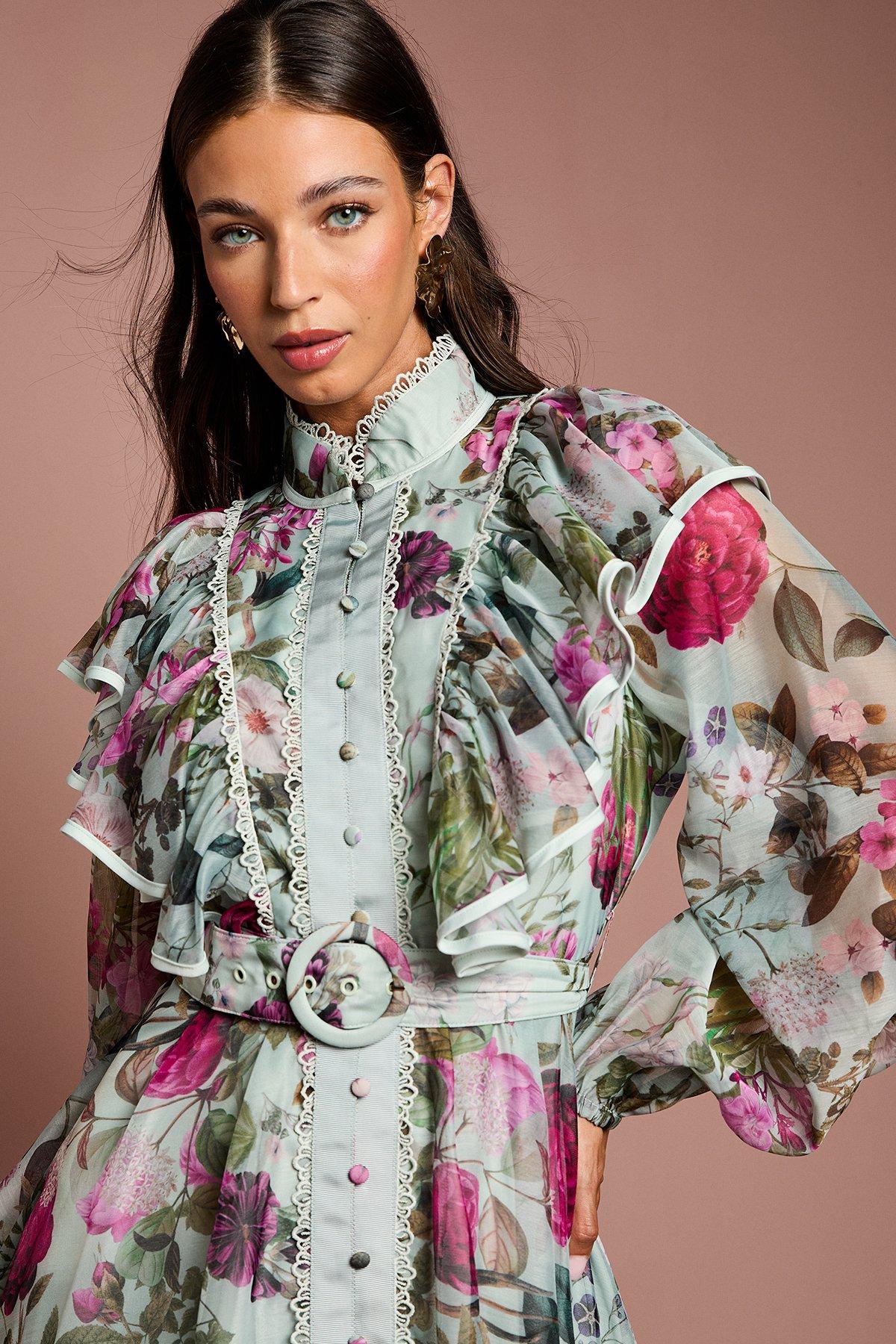 Flowering Girl Women Green Long Sleeve Printed Organza Shirt Midi Dress